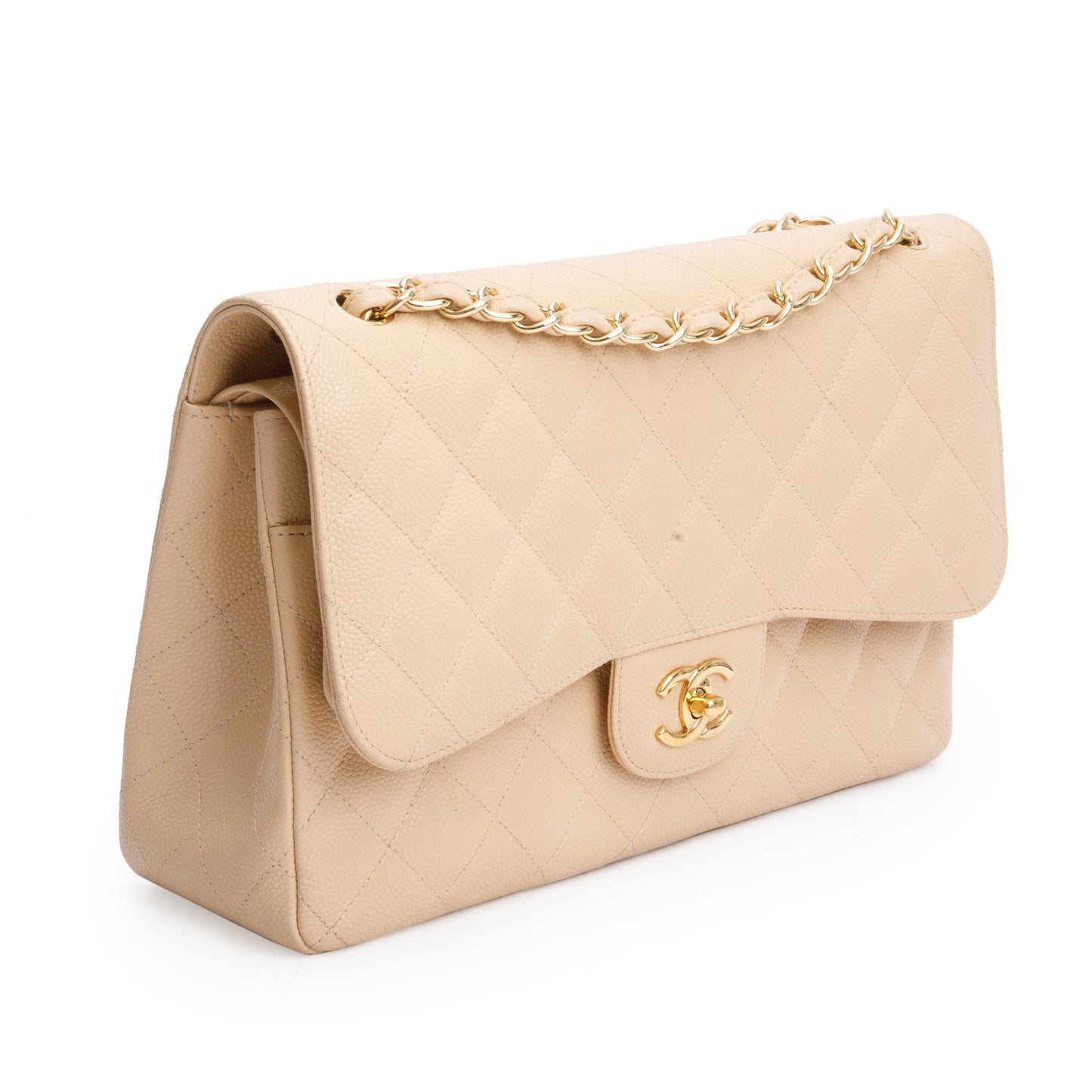 Chanel Beige Quilted Caviar Leather Classic Jumbo Double Flap Bag