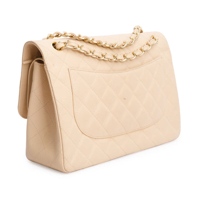 Chanel Beige Quilted Caviar Leather Classic Jumbo Double Flap Bag
