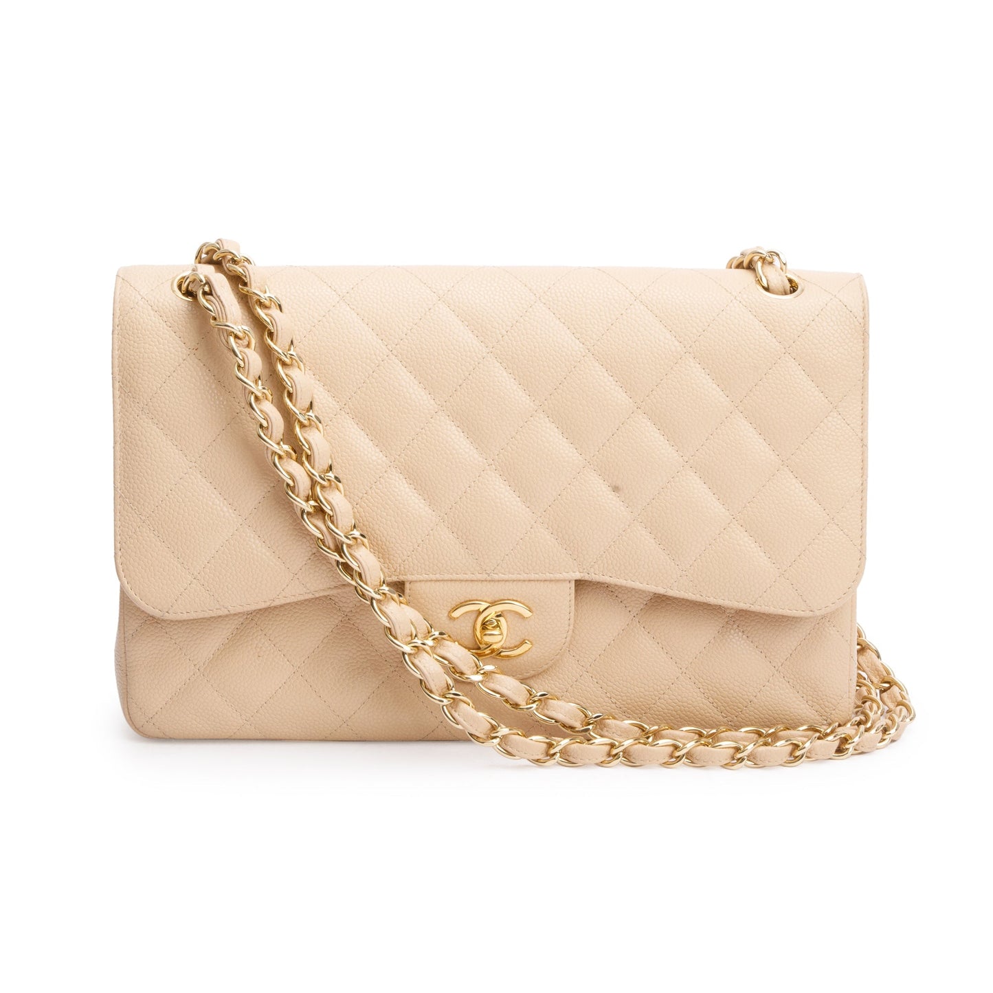 Chanel Beige Quilted Caviar Leather Classic Jumbo Double Flap Bag