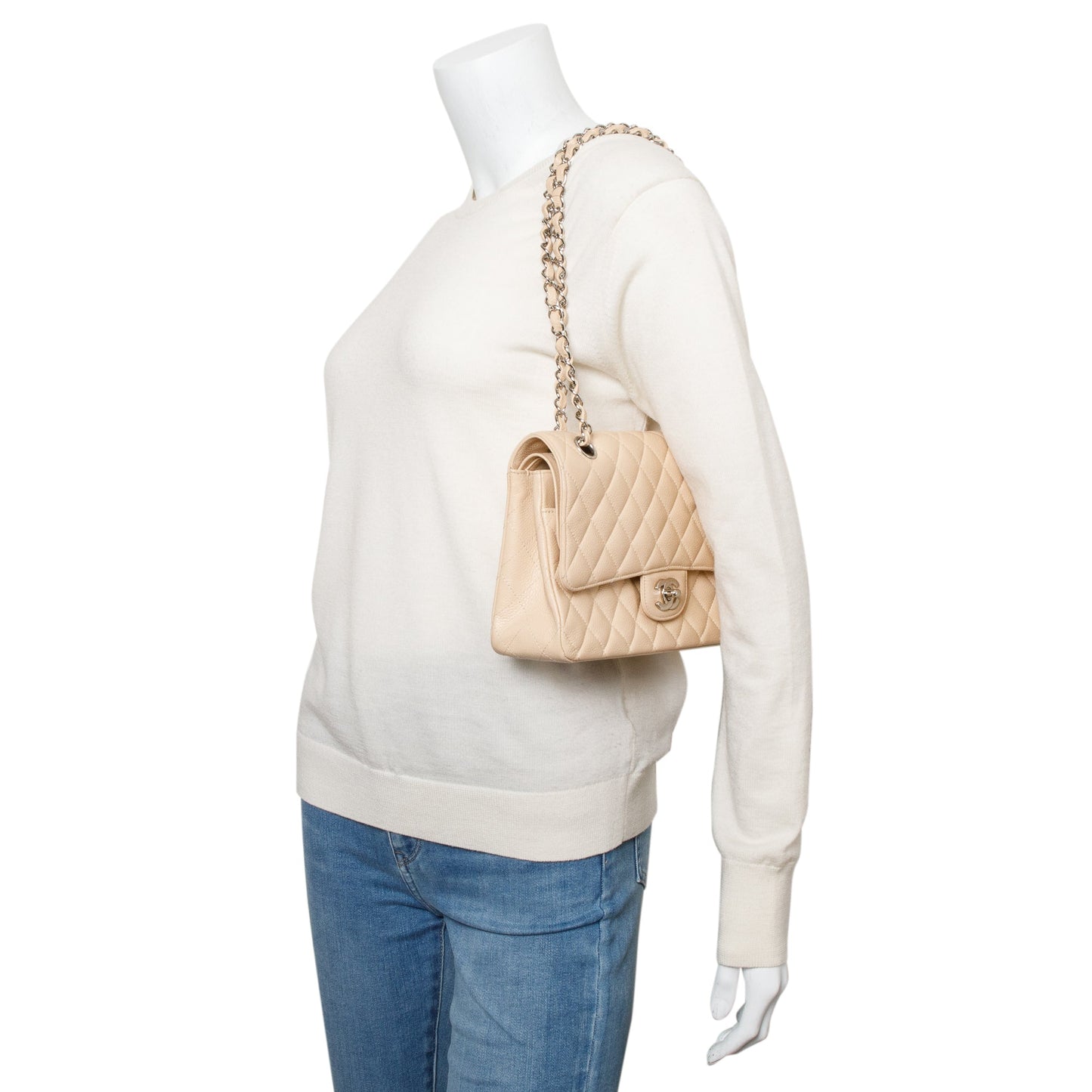 Chanel Beige Quilted Caviar Leather Classic Medium Double Flap Bag