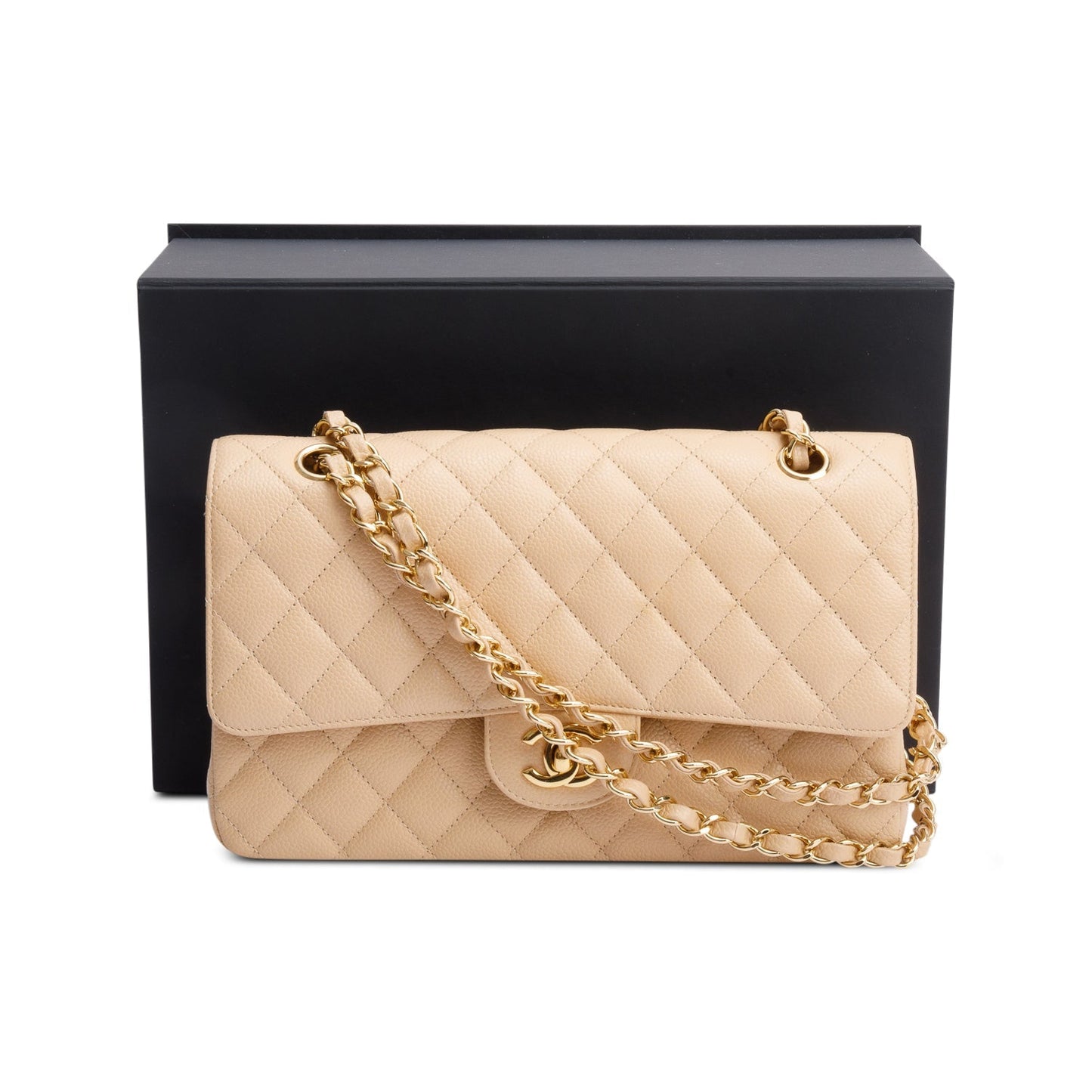 Chanel Beige Quilted Caviar Leather Classic Medium Double Flap Bag