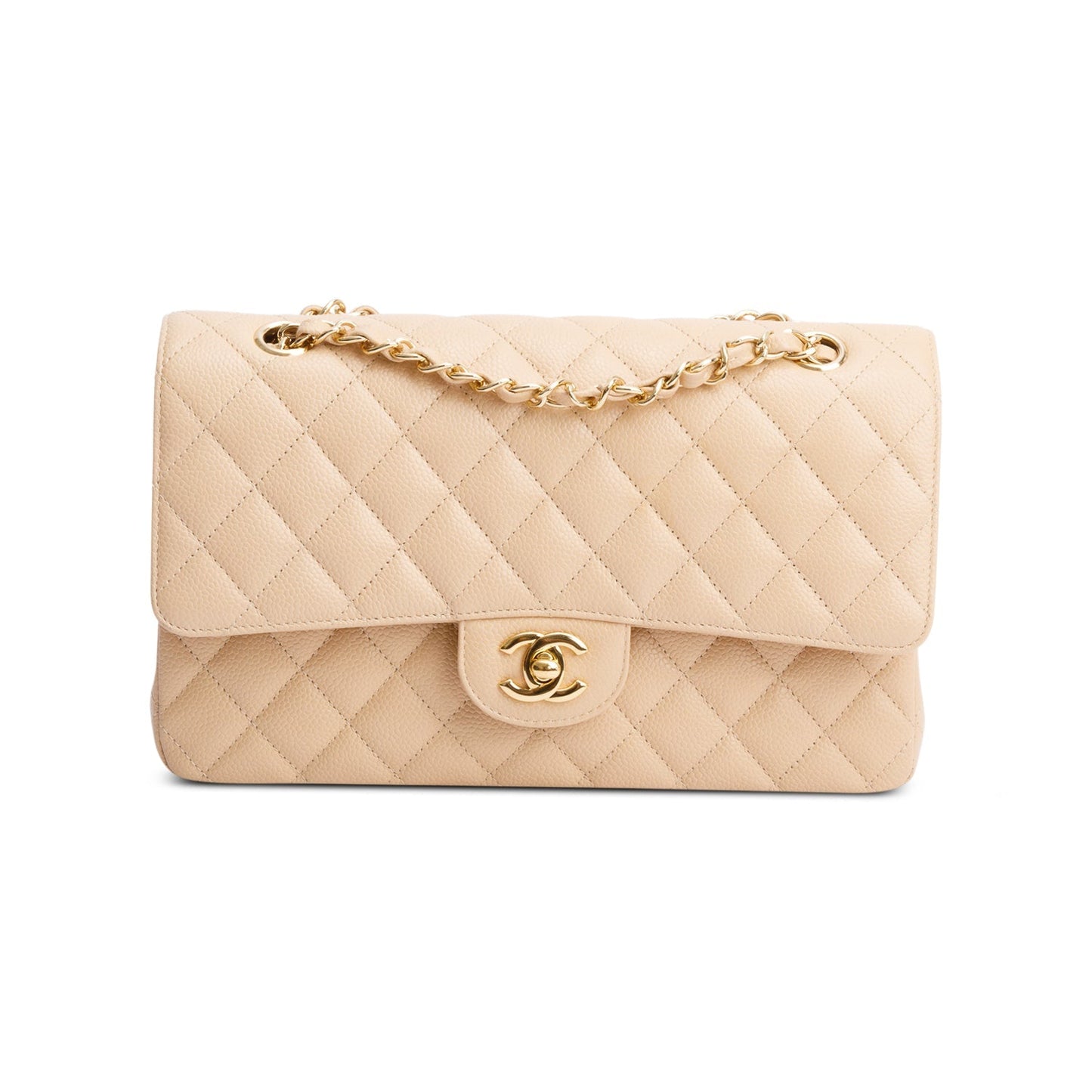 Chanel Beige Quilted Caviar Leather Classic Medium Double Flap Bag