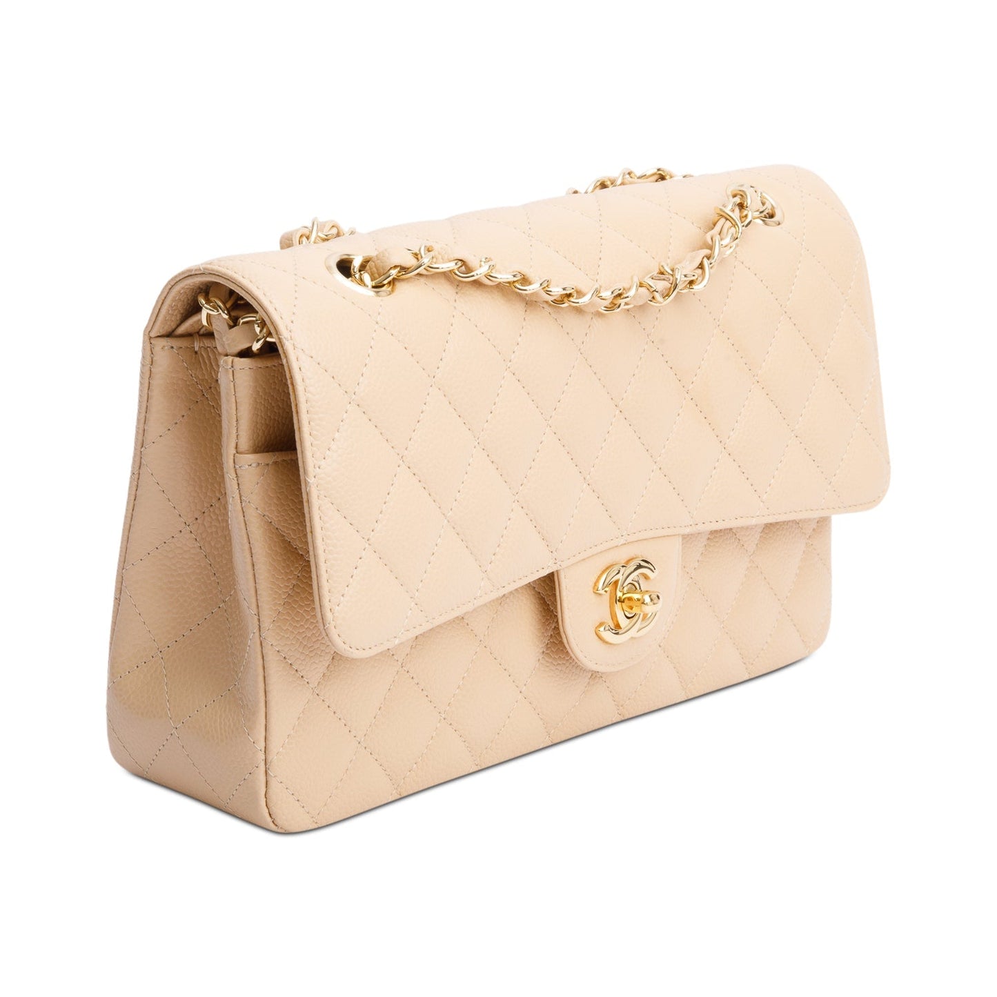 Chanel Beige Quilted Caviar Leather Classic Medium Double Flap Bag