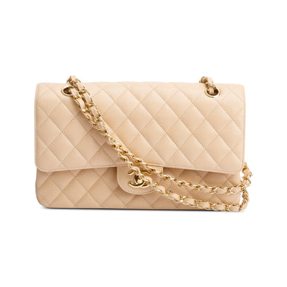 Chanel Beige Quilted Caviar Leather Classic Medium Double Flap Bag