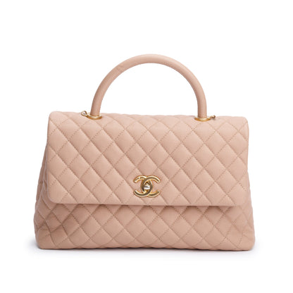 Chanel Beige Quilted Caviar Leather Large Coco Handle Bag