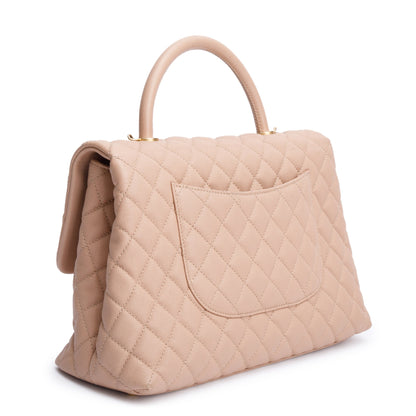 Chanel Beige Quilted Caviar Leather Large Coco Handle Bag
