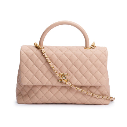 Chanel Beige Quilted Caviar Leather Large Coco Handle Bag