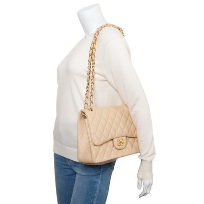 Chanel Beige Quilted Lambskin Leather Classic Jumbo Double Flap Bag