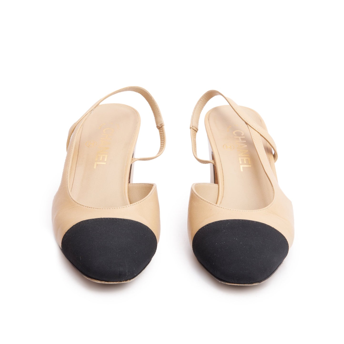 Chanel Beige/Black Lambskin Grosgrain Interlocking CC Logo Sling Back Shoes, Size 39