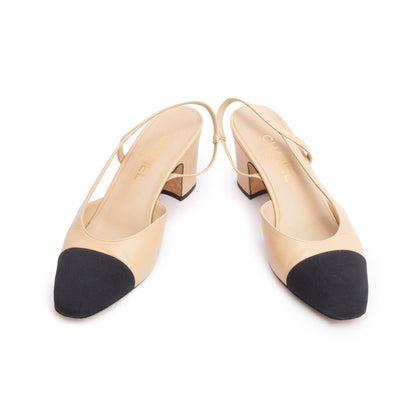 Chanel Beige/Black Lambskin Grosgrain Interlocking CC Logo Sling Back Shoes, Size 39