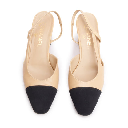Chanel Beige/Black Lambskin Grosgrain Interlocking CC Logo Sling Back Shoes, Size 39