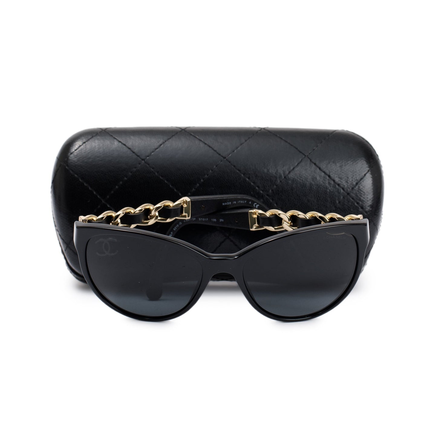Chanel Black 5215-Q Interlocking CC Leather & Chain Link Sunglasses