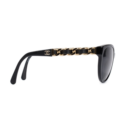Chanel Black 5215-Q Interlocking CC Leather & Chain Link Sunglasses