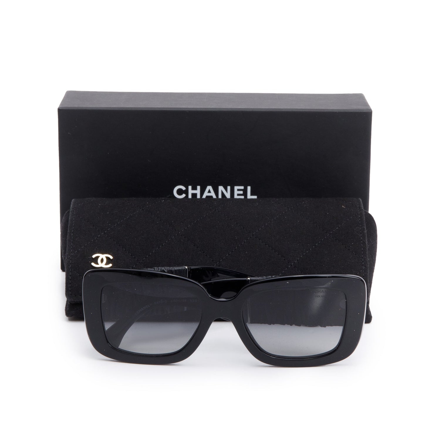 Chanel Black Acetate Calfskin Polarized Square Sunglasses 5473-Q