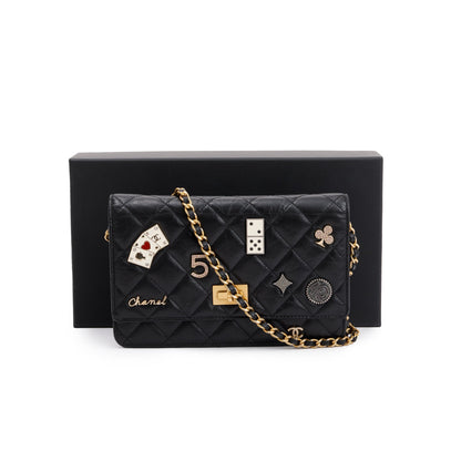 Chanel Black Aged Calfskin Leather Lucky Charms Reissue Wallet on Chain