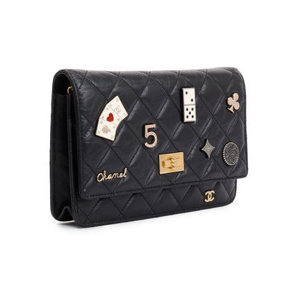 Chanel Black Aged Calfskin Leather Lucky Charms Reissue Wallet on Chain