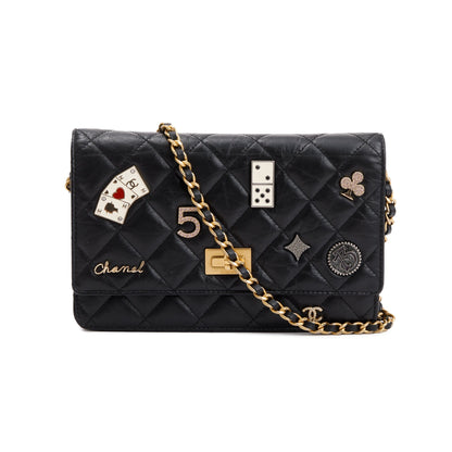 Chanel Black Aged Calfskin Leather Lucky Charms Reissue Wallet on Chain