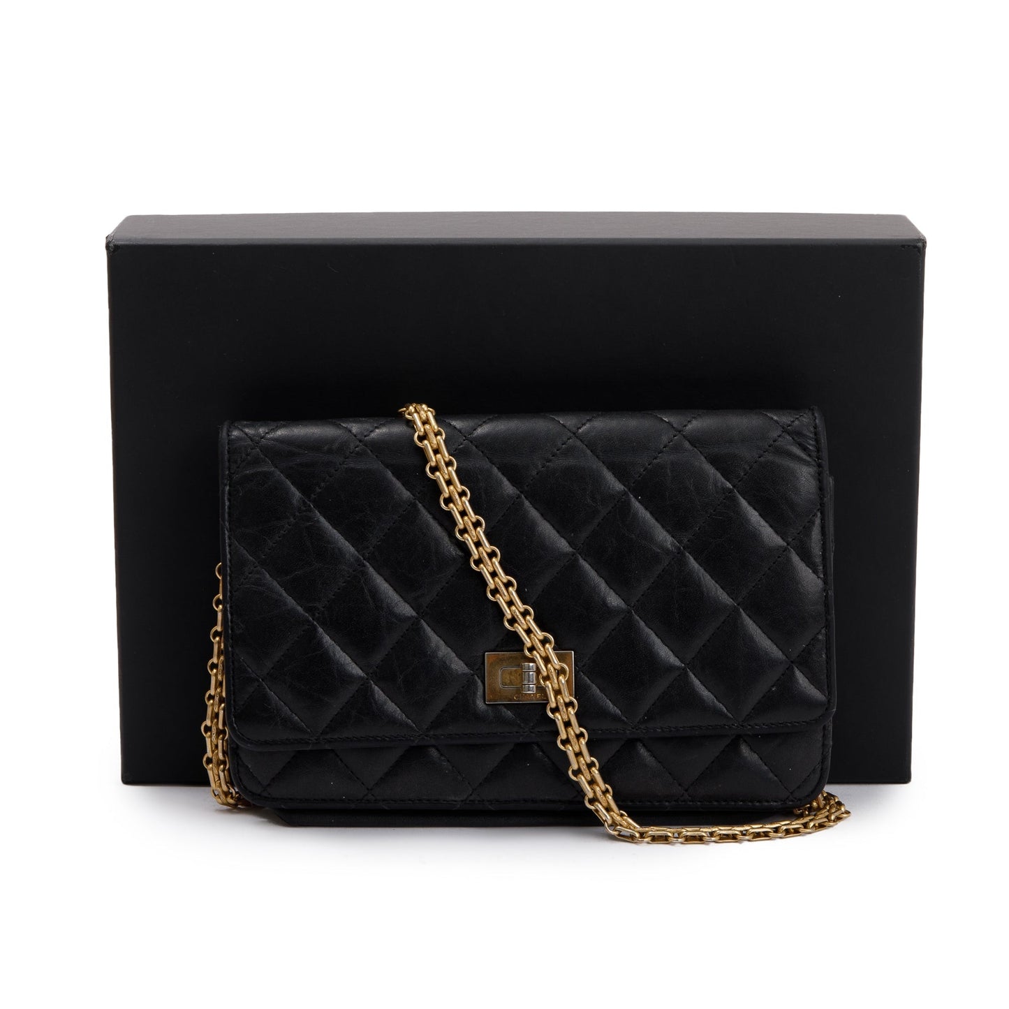 Chanel Black Aged Calfskin Leather Reissue Wallet on Chain