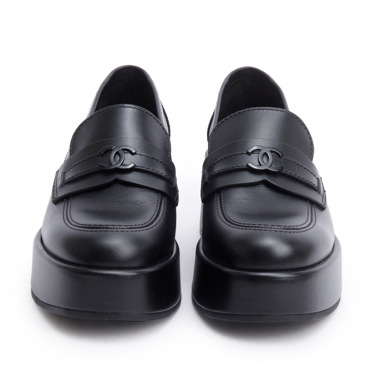 Chanel Black Calfskin Leather CC Logo Platform Loafer, Size 37