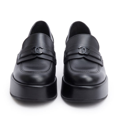 Chanel Black Calfskin Leather CC Logo Platform Loafer, Size 37