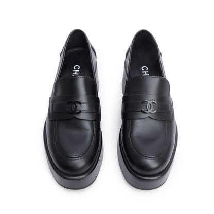 Chanel Black Calfskin Leather CC Logo Platform Loafer, Size 37