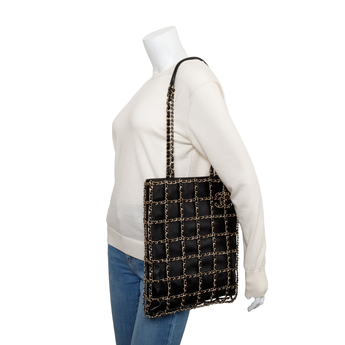 Chanel Black Calfskin Leather Cage Chain Shopping Tote