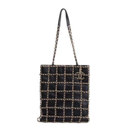 Chanel Black Calfskin Leather Cage Chain Shopping Tote