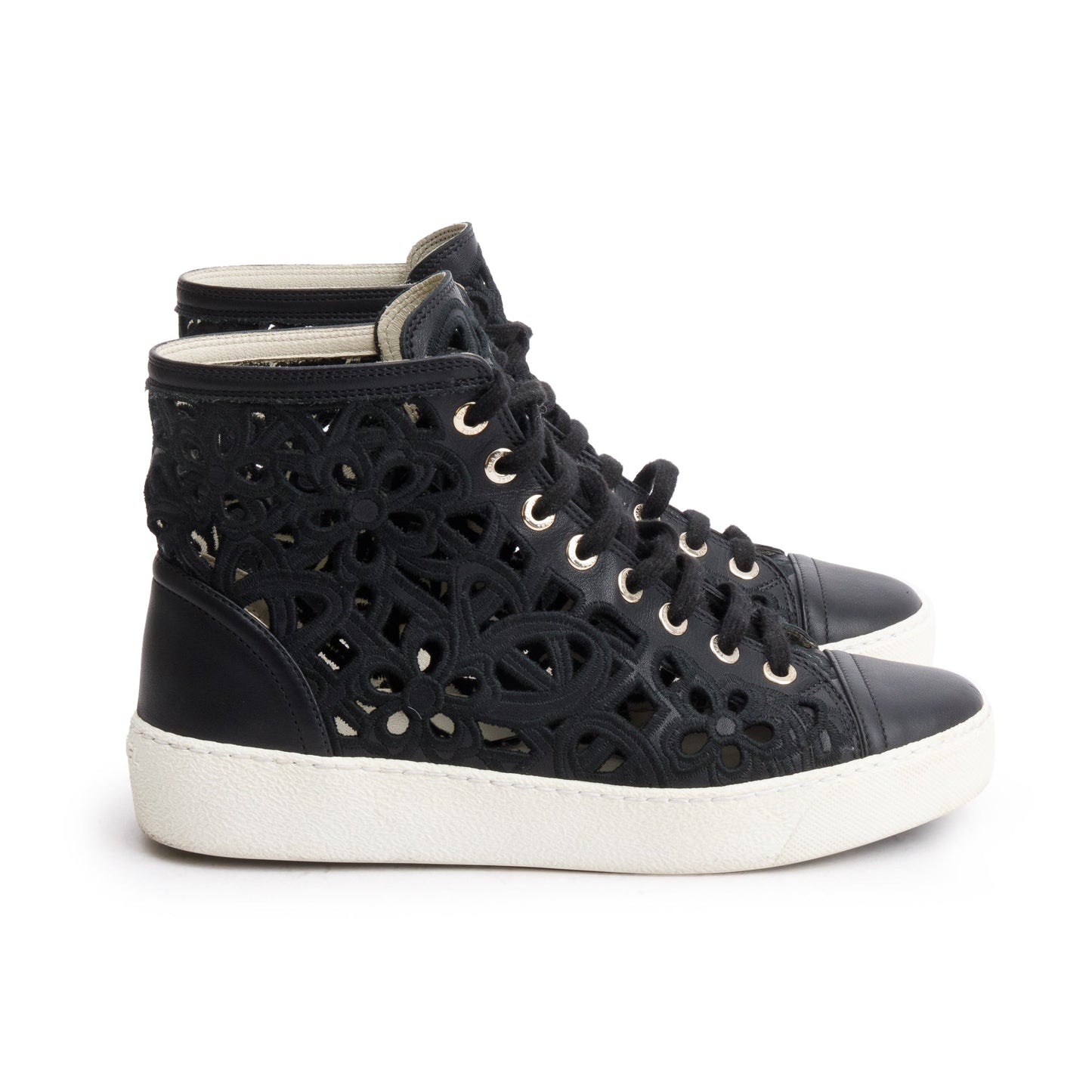 Chanel Black Calfskin Leather Cutout Interlocking CC Logo Sneakers, Size 36