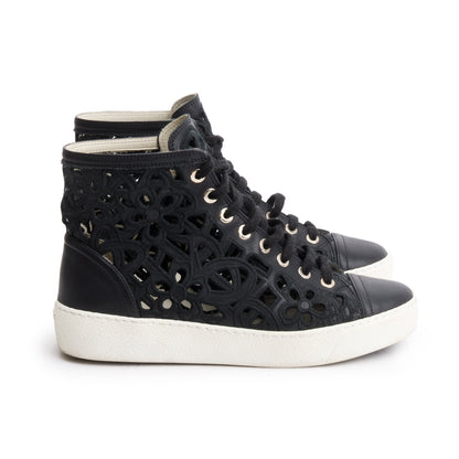 Chanel Black Calfskin Leather Cutout Interlocking CC Logo Sneakers, Size 36