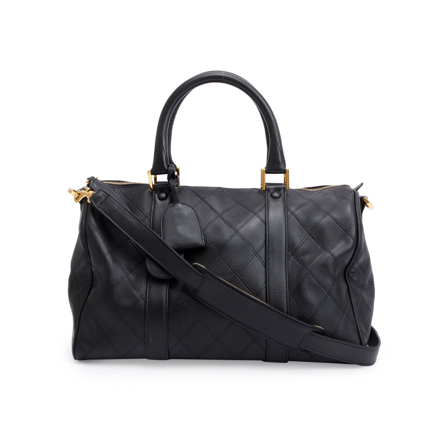 Chanel Black Calfskin Leather Diamond Stitch Boston Bag