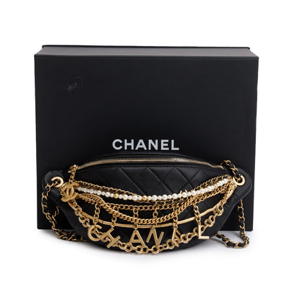 Chanel Black Calfskin Leather Faux Pearl All About Chains Waist Bag