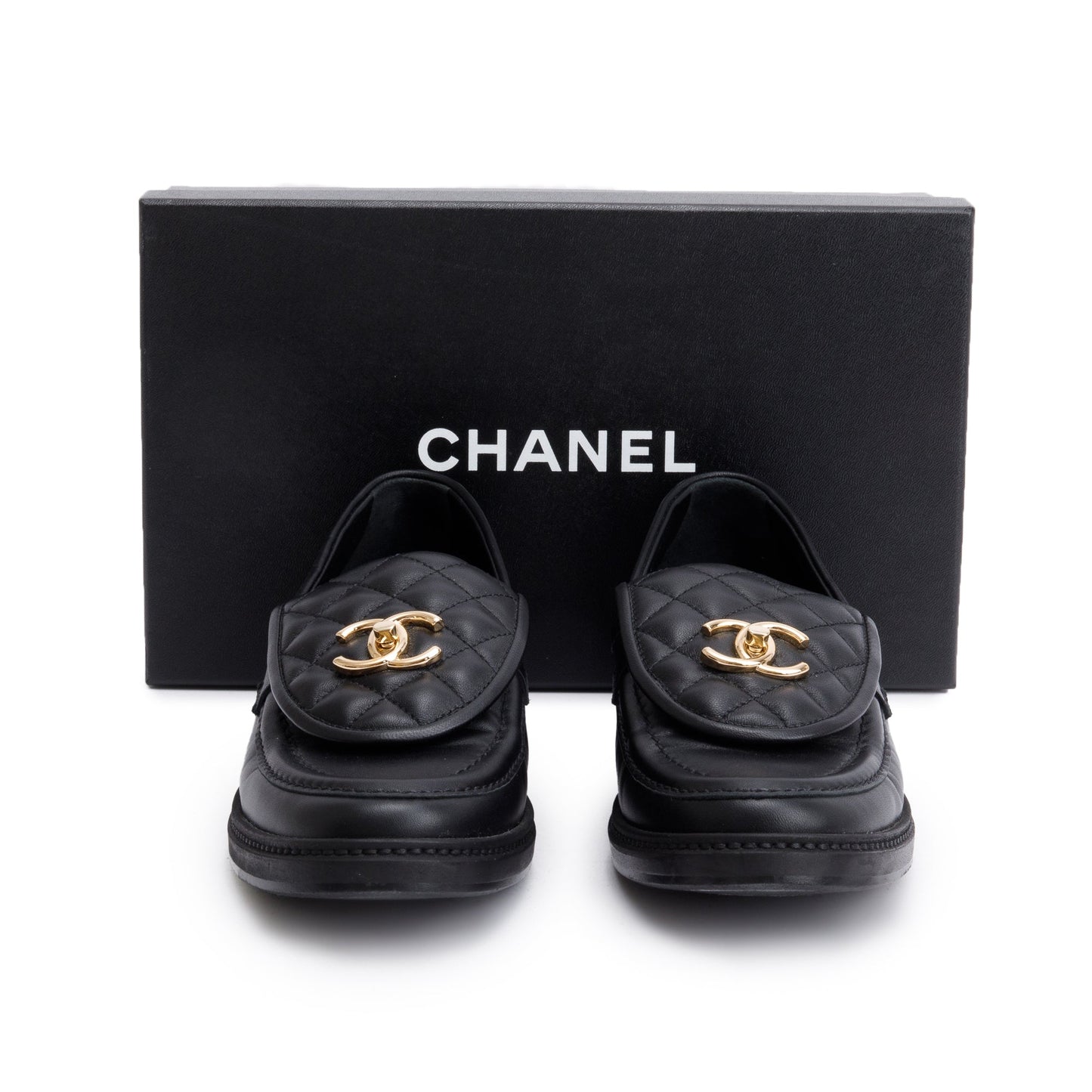 Chanel Black Calfskin Leather Quilted CC Logo Loafer, Size 38.5