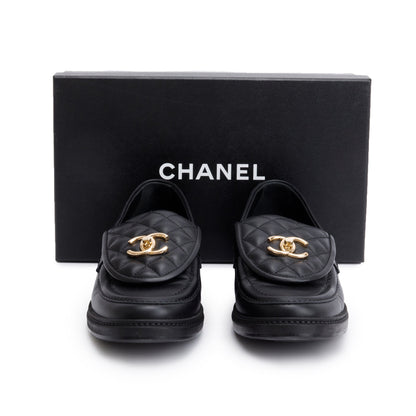 Chanel Black Calfskin Leather Quilted CC Logo Loafer, Size 38.5