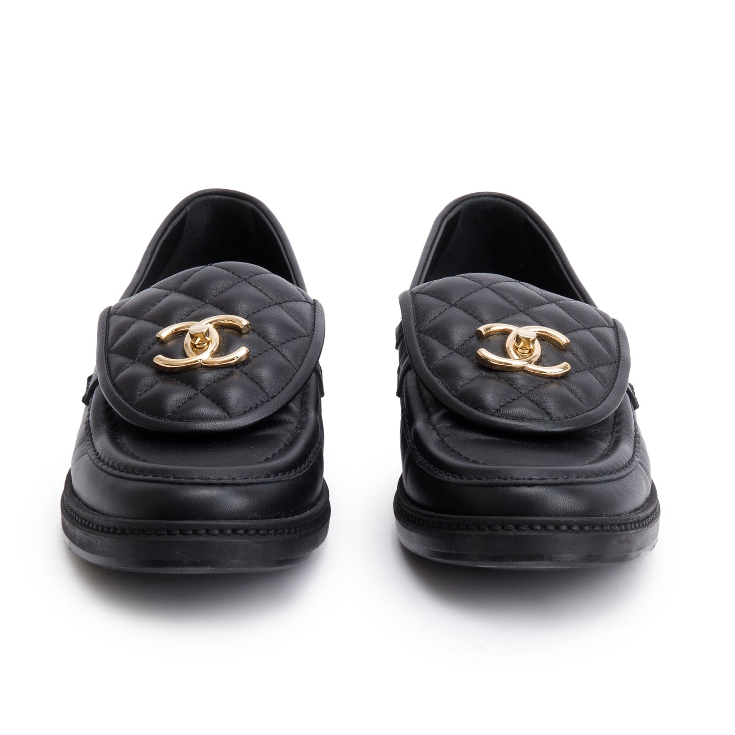Chanel Black Calfskin Leather Quilted CC Logo Loafer, Size 38.5
