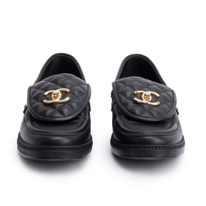 Chanel Black Calfskin Leather Quilted CC Logo Loafer, Size 38.5