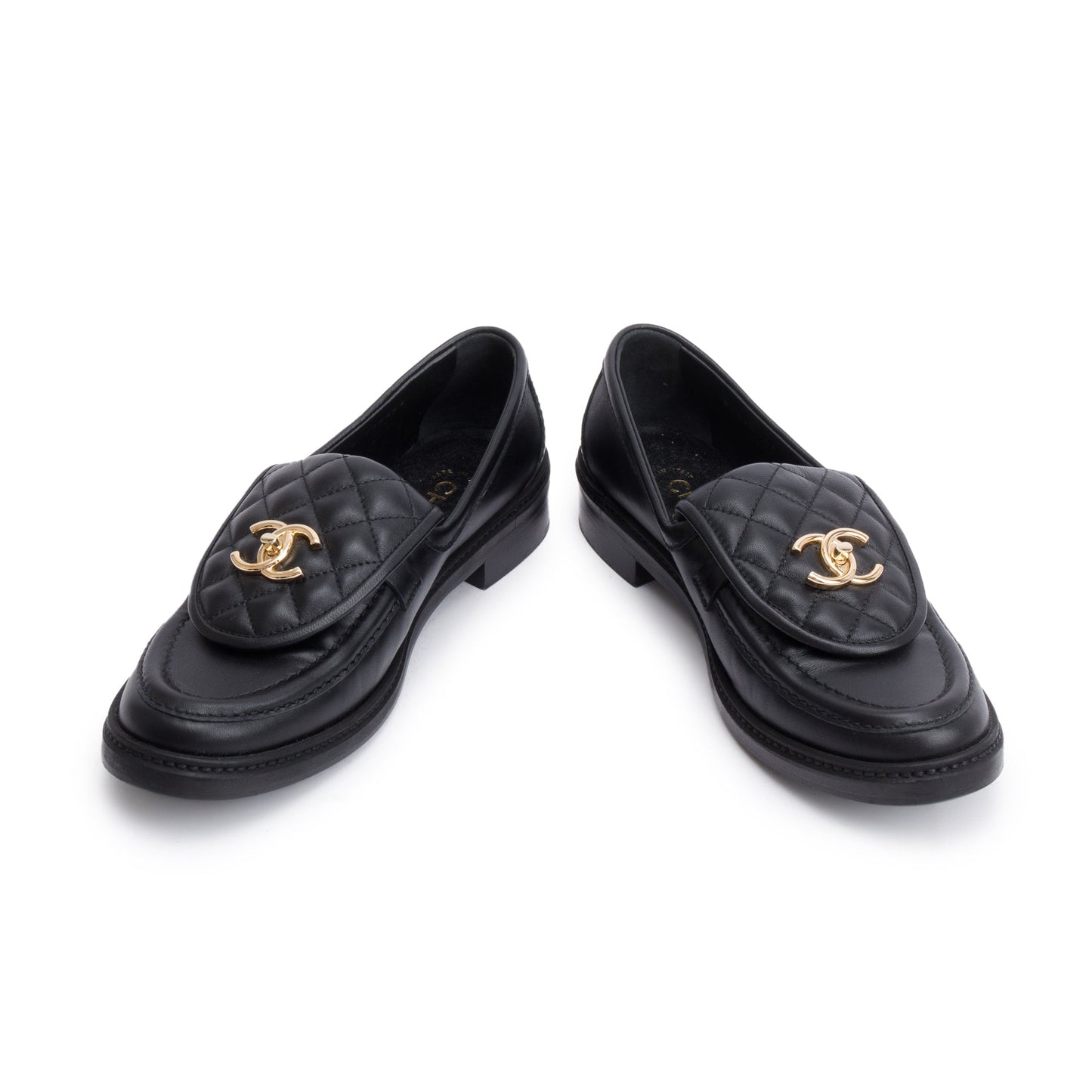 Chanel Black Calfskin Leather Quilted CC Logo Loafer, Size 38.5
