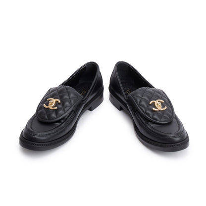 Chanel Black Calfskin Leather Quilted CC Logo Loafer, Size 38.5