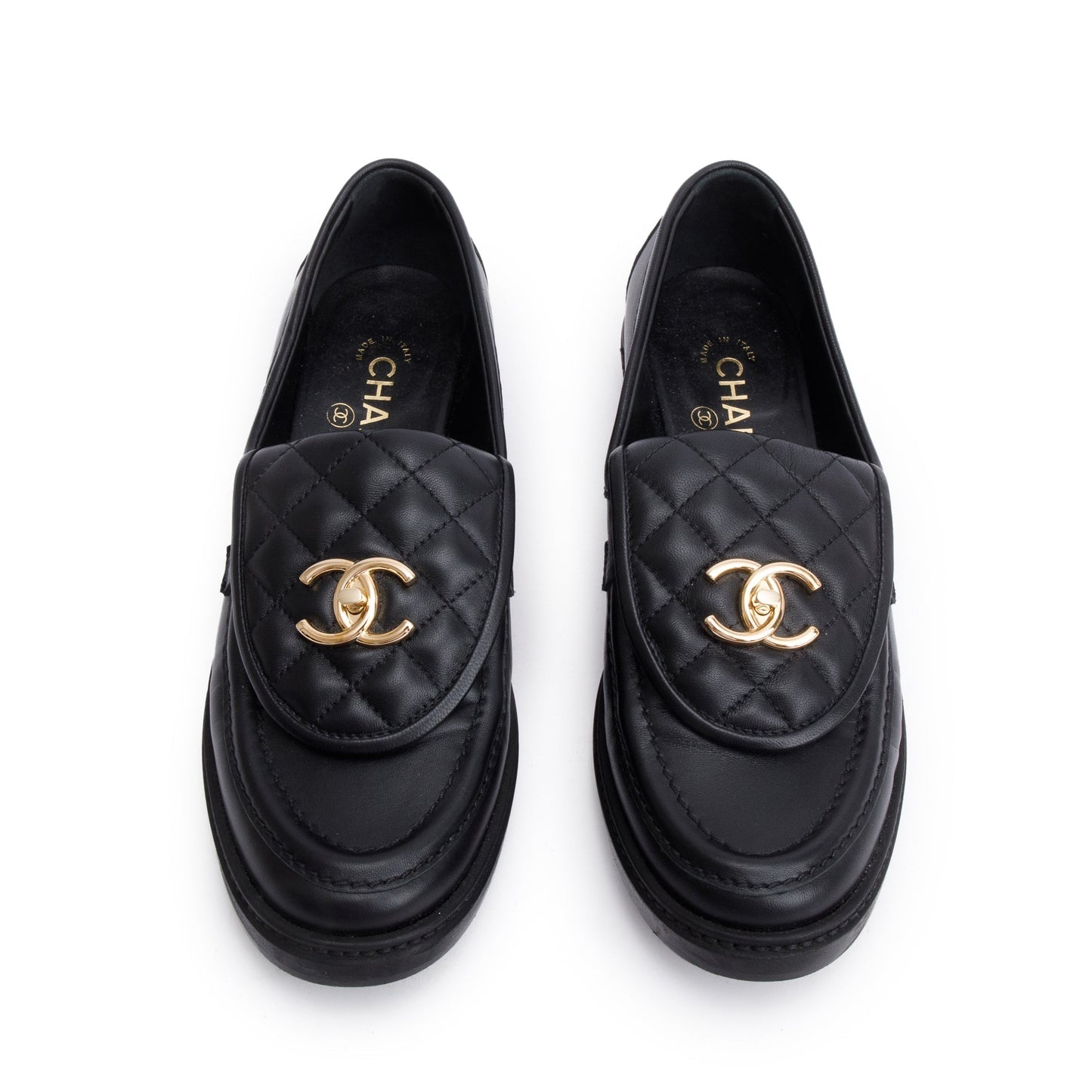 Chanel Black Calfskin Leather Quilted CC Logo Loafer, Size 38.5