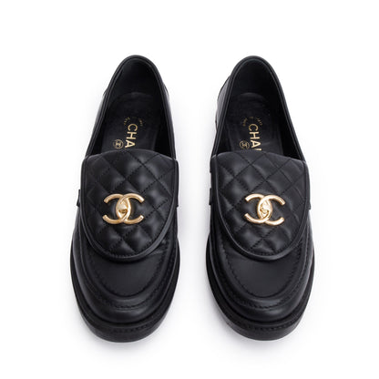 Chanel Black Calfskin Leather Quilted CC Logo Loafer, Size 38.5