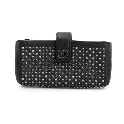 Chanel Black Calfskin Leather Strass Studded Phone Holder Clutch