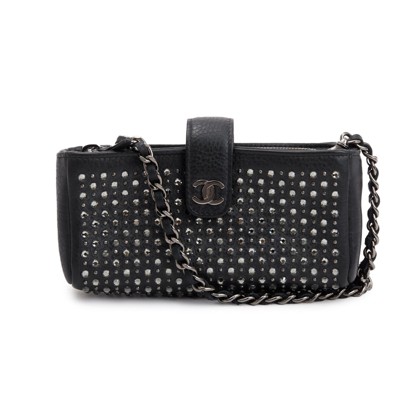 Chanel Black Calfskin Leather Strass Studded Phone Holder Clutch