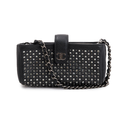 Chanel Black Calfskin Leather Strass Studded Phone Holder Clutch