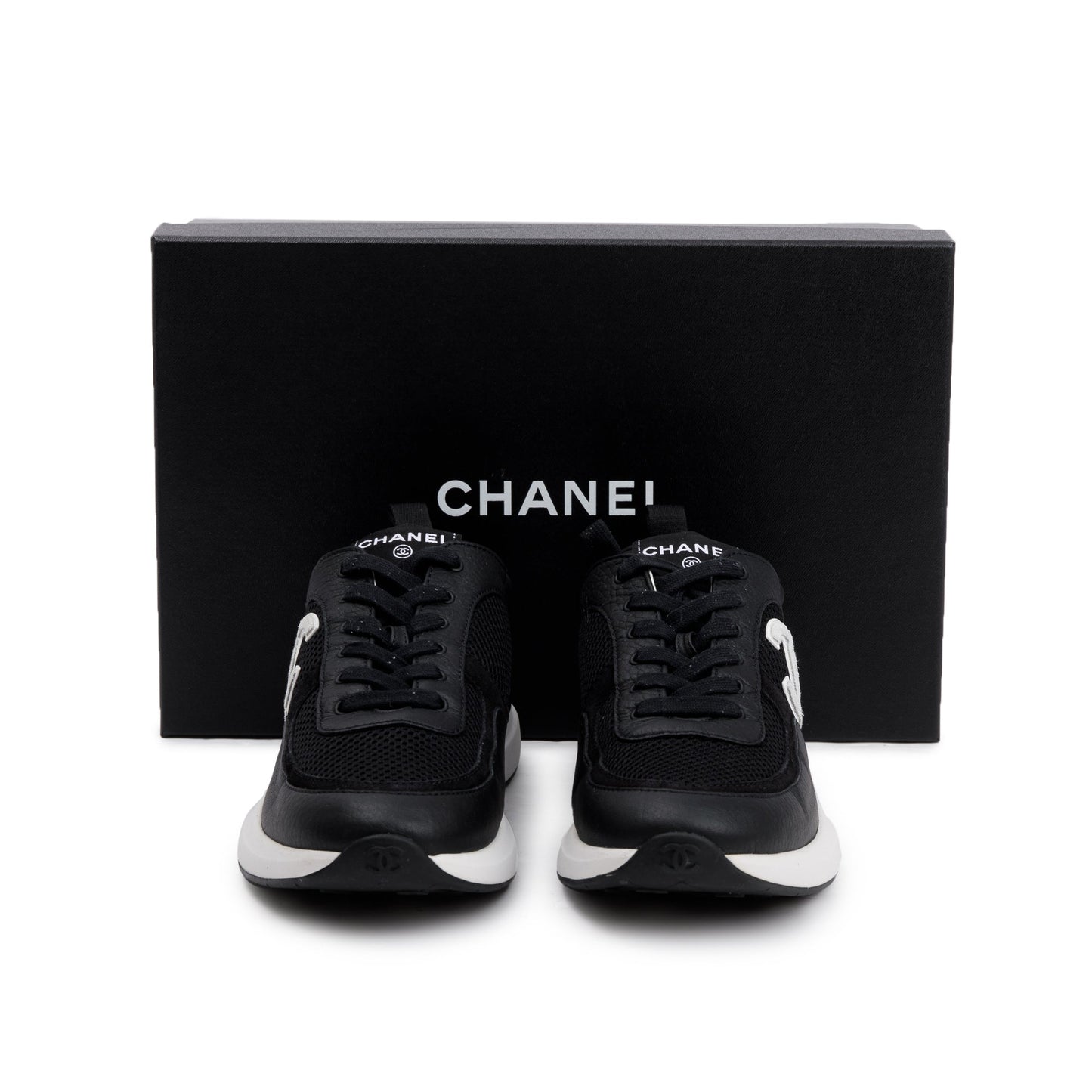 Chanel Black Calfskin Mesh Suede CC Logo Sneakers, Size 41