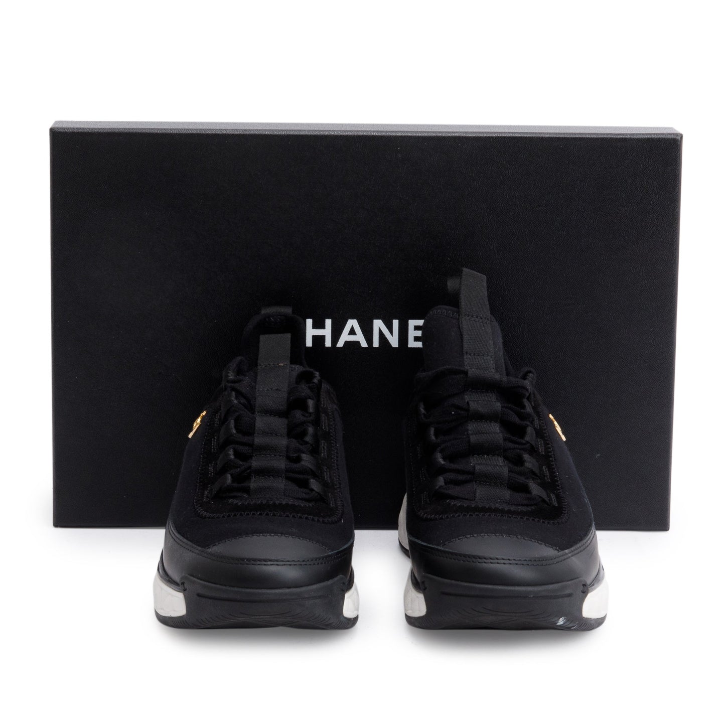 Chanel Black Calfskin Neoprene Interlocking CC Logo Sneakers, Size 36.5