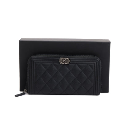 Chanel Black Caviar Leather Boy Long Zip Around Wallet
