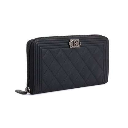 Chanel Black Caviar Leather Boy Long Zip Around Wallet