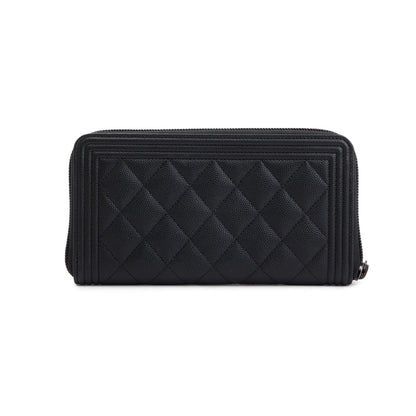Chanel Black Caviar Leather Boy Long Zip Around Wallet