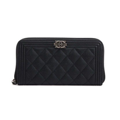 Chanel Black Caviar Leather Boy Long Zip Around Wallet