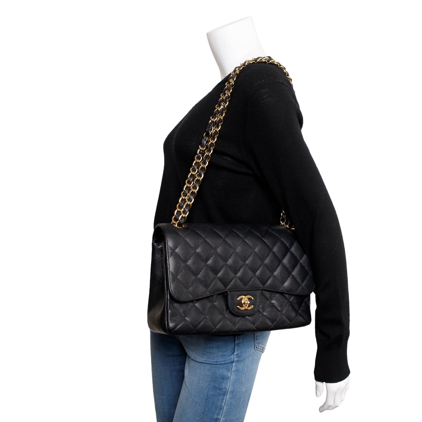 Chanel Black Caviar Leather Classic Jumbo Double Flap Bag