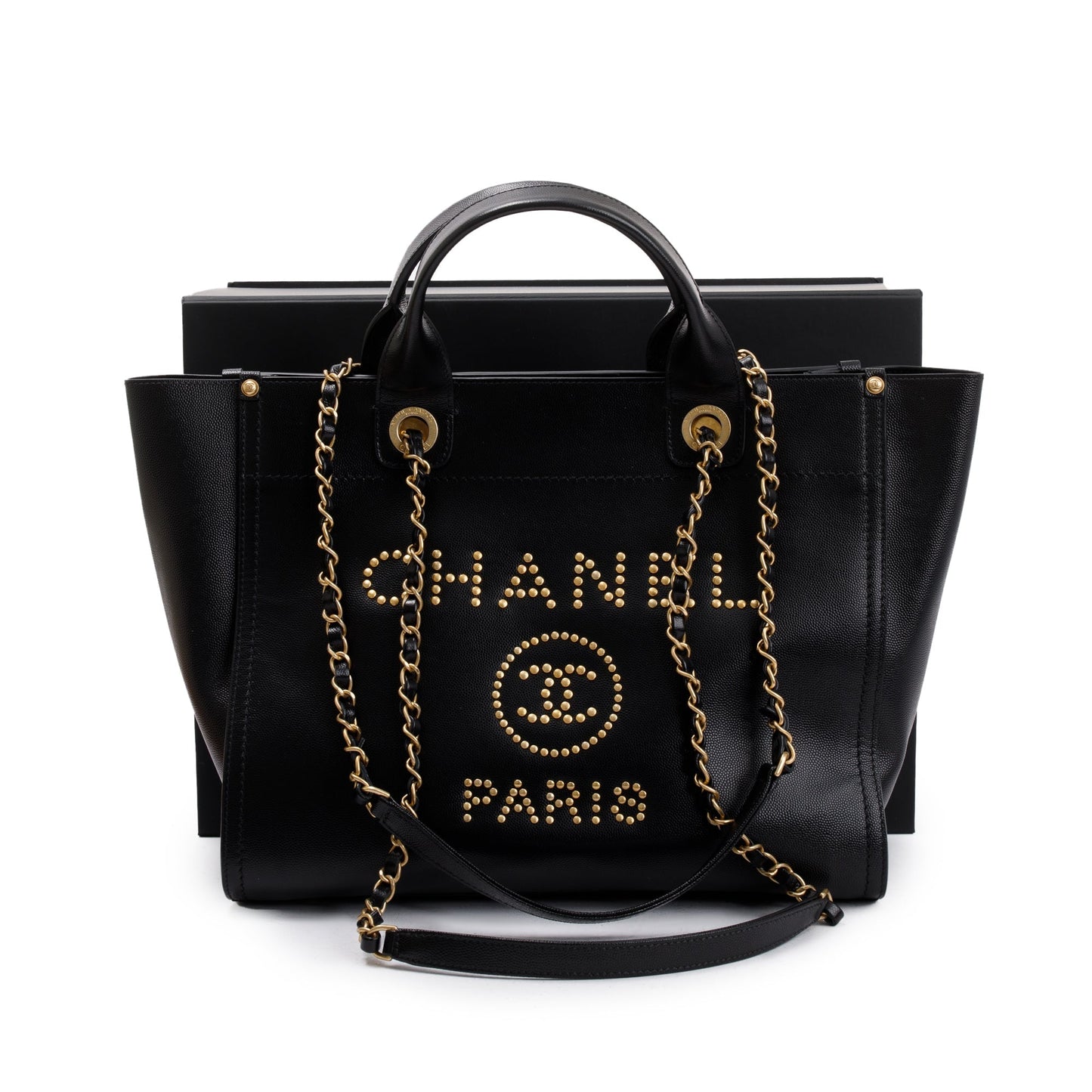 Chanel Black Caviar Leather Medium Studded Deauville Tote